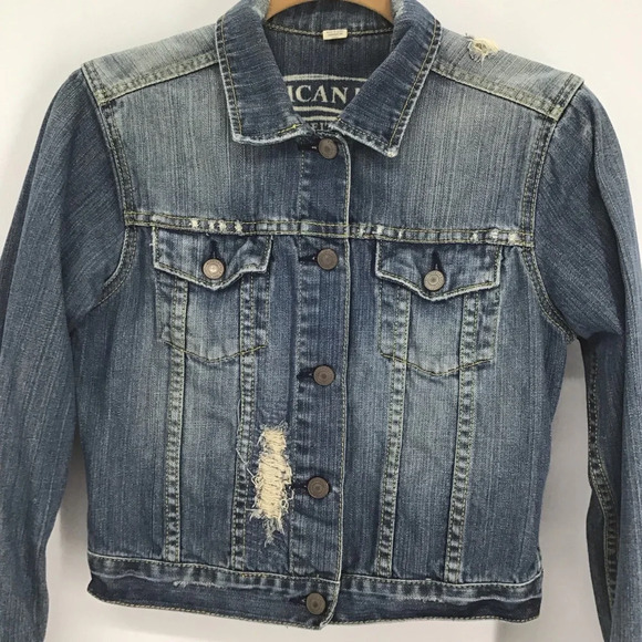 American Eagle Women’s Distressed Cropped Denim Jacket Blue Size Medium - Picture 3 of 10